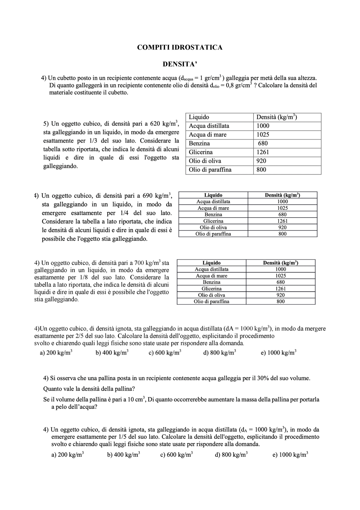 Compiti Idrostatica - COMPITI IDROSTATICA DENSITA Un Oggetto Cubico, Di ...