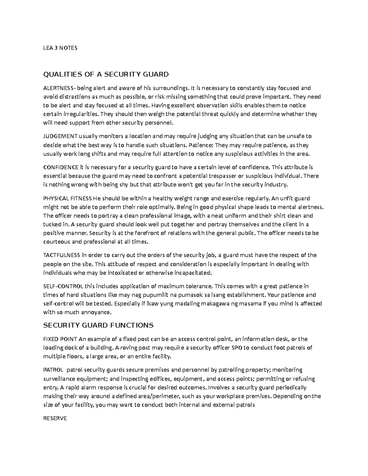 LEA 3 Notes - QUALIRIES OF SECURITY GUARD - LEA 3 NOTES QUALITIES OF A ...