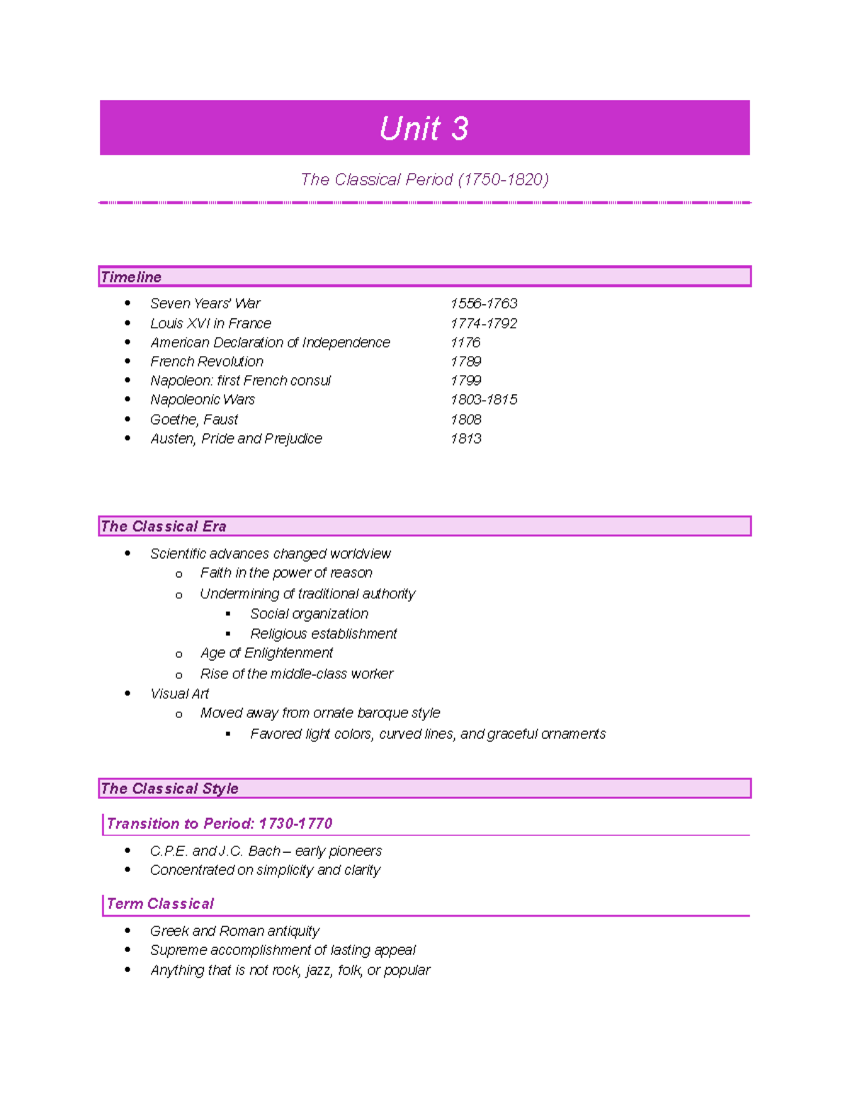 MUS 105 - Unit 3 Class Notes - Unit 3 The Classical Period (1750-1820 ...