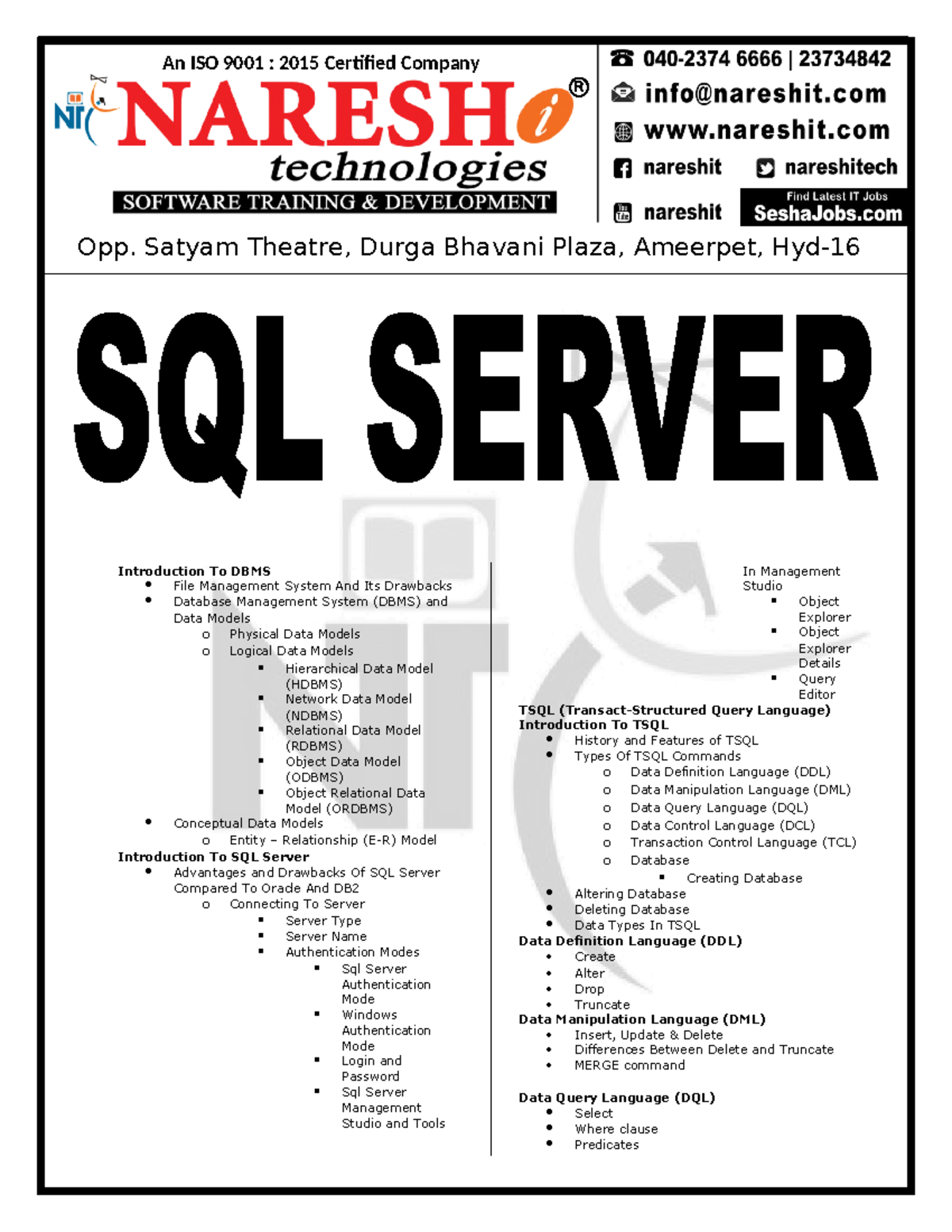 SQL Server Course Content - Introduction To DBMS File Management System ...