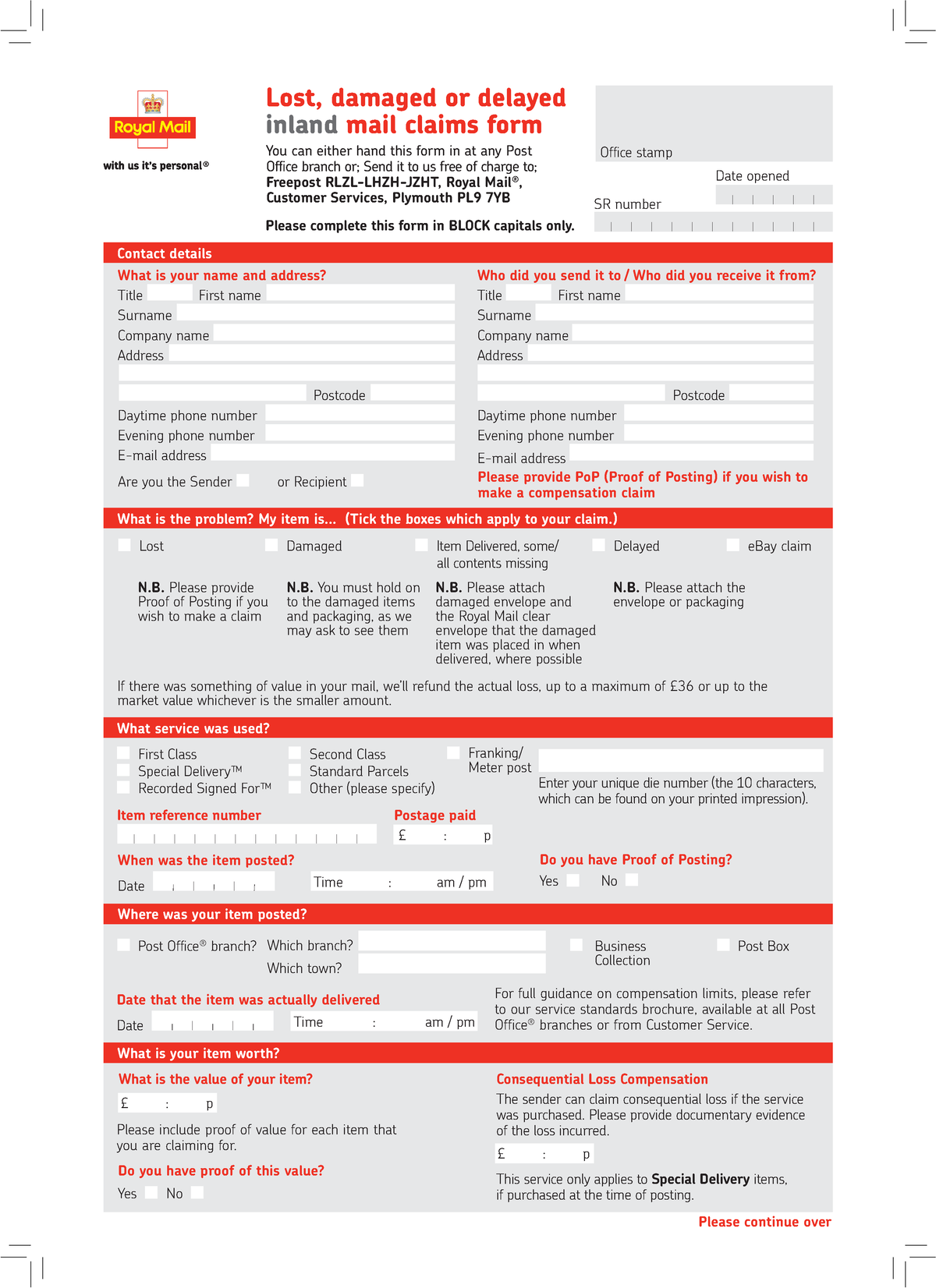 Royal Mail Claim Form Xxxx What Service Was Used First Class Second Class Special Delivery