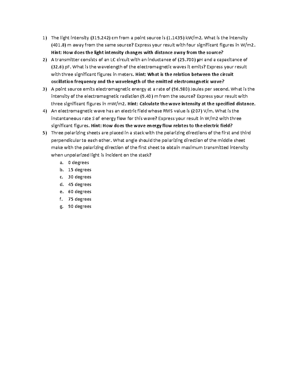 Practice EM Waves from weekly quizes - The light intensity (319) cm ...
