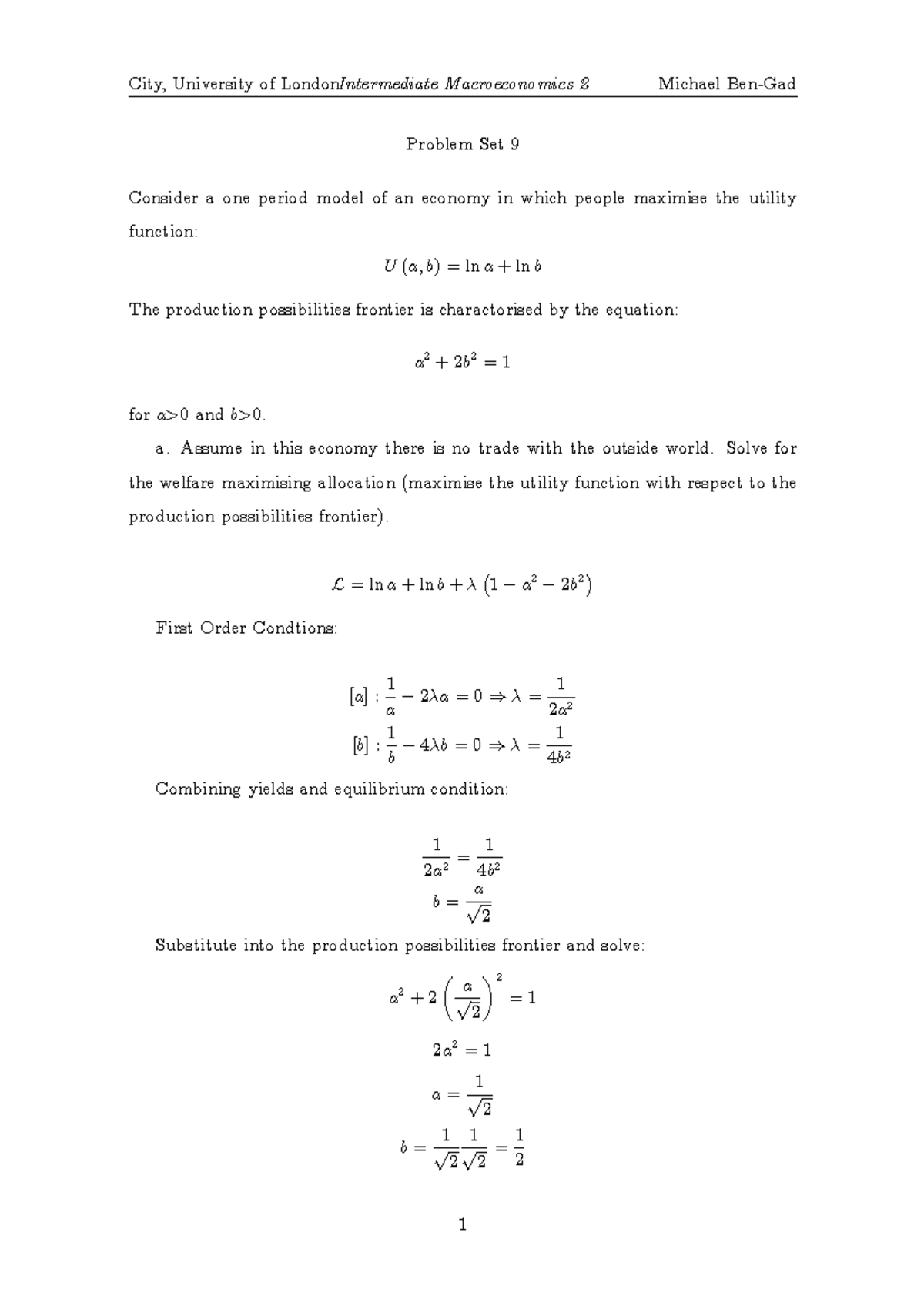 Tutorial 9 answers - City, University of LondonIntermediate ...
