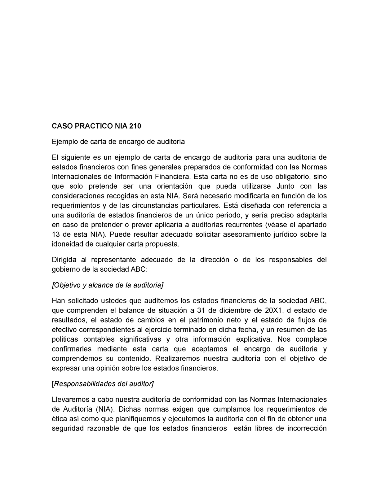 Caso Practico Nia 210 Encargos De Auditoria Caso Practico Nia 210 Ejemplo De Carta De Encargo 1877