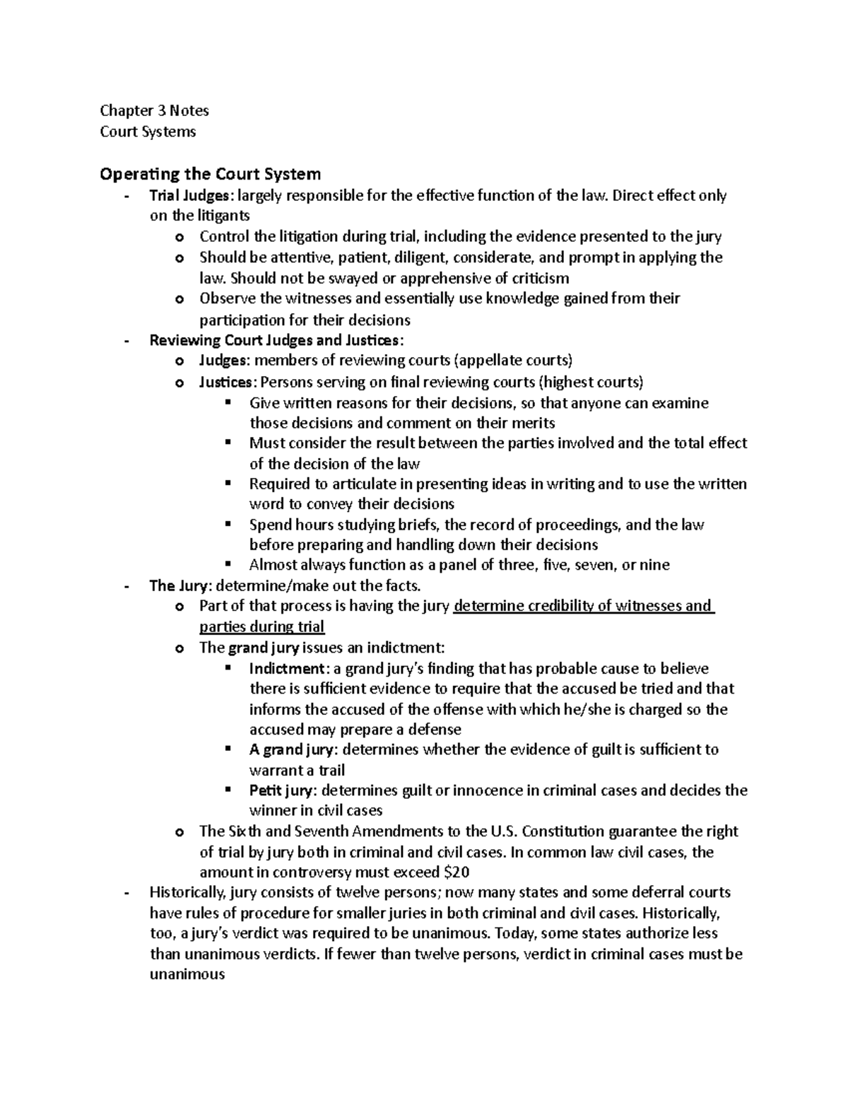 Business Law Chapter 3 Notes - Chapter 3 Notes Court Systems Operating ...