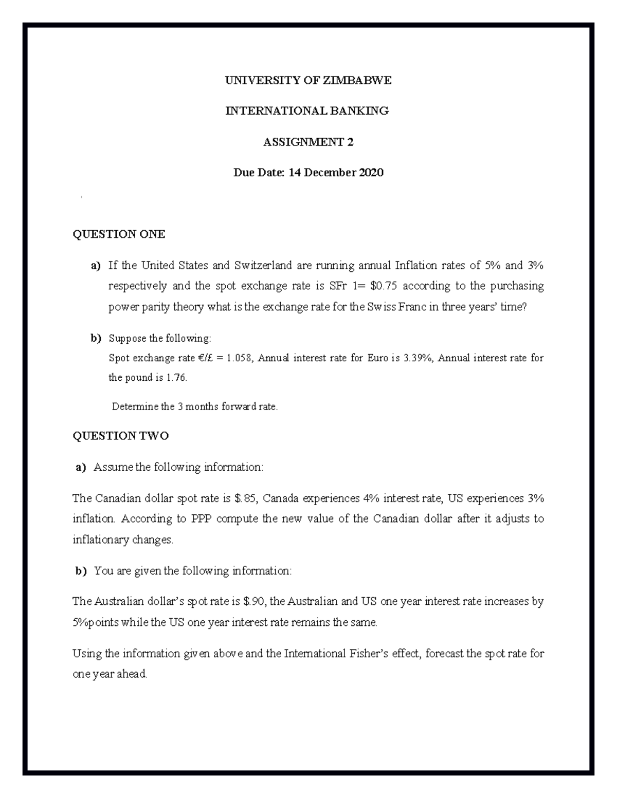 IB- Assignment 2 - 2020 - UNIVERSITY OF ZIMBABWE INTERNATIONAL BANKING ...