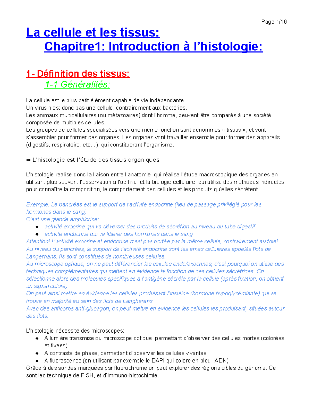 Intro à L'histologie - La Cellule Et Les Tissus: Chapitre1 ...