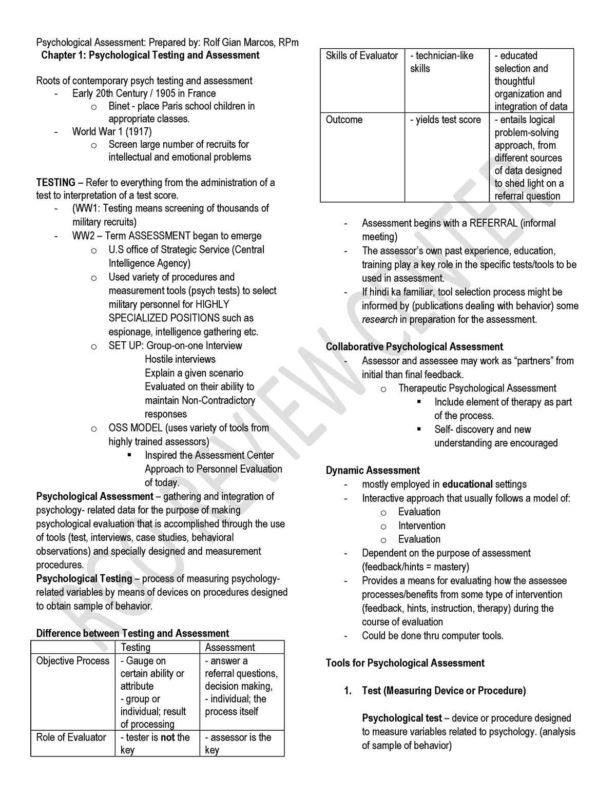 Psych Assesment Lecture Notes - Psychological Assessment: Prepared by ...