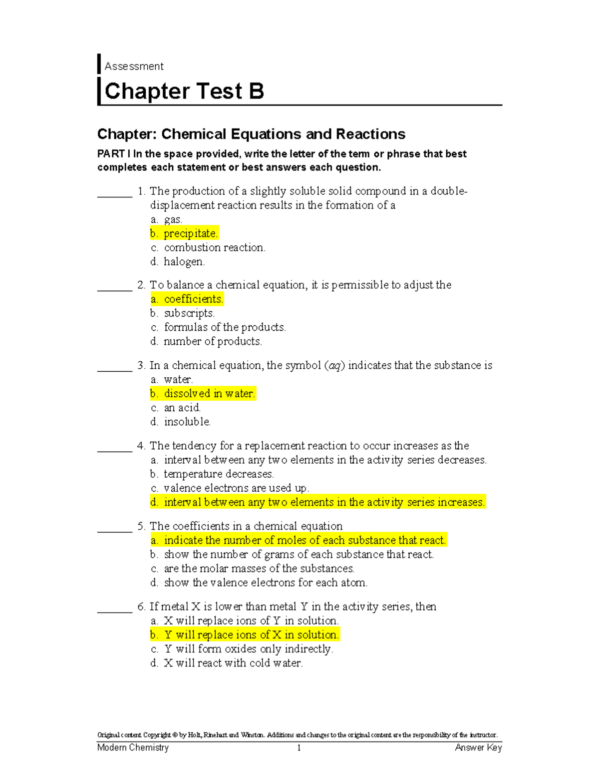 Chapter 8 Test B Answers - Assessment Chapter Test B Chapter: Chemical ...