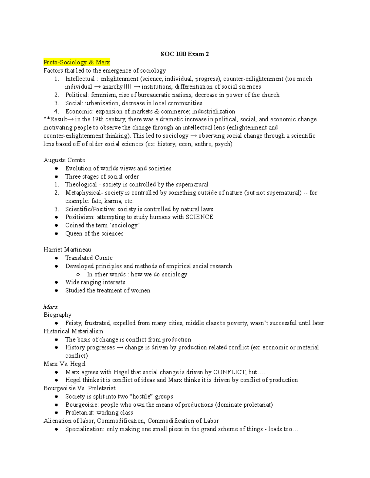 Exam 2 Study Guide - SOC 100 Exam 2 Proto-Sociology & Marx Factors that ...