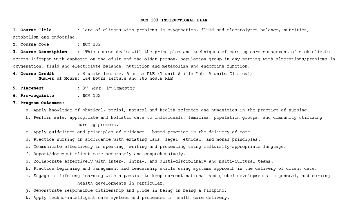 NCM 103 OBE Syllabus - NCM 103 INSTRUCTIONAL PLAN 1. Course Title ...