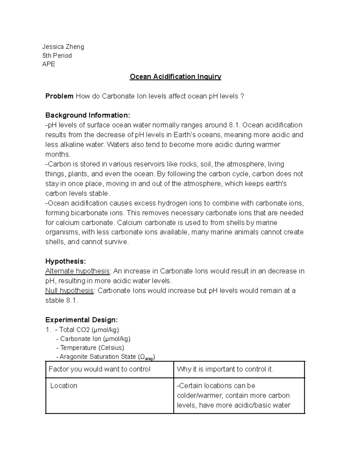 Ocean Acidification - Jessica Zheng 5th Period APE Ocean Acidification ...