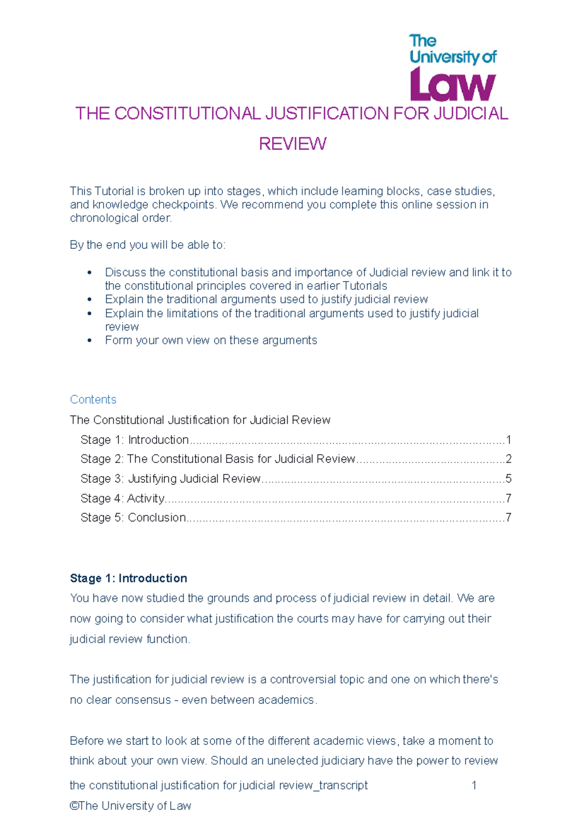 Transcript The Constitutional Justification for Judicial Review THE