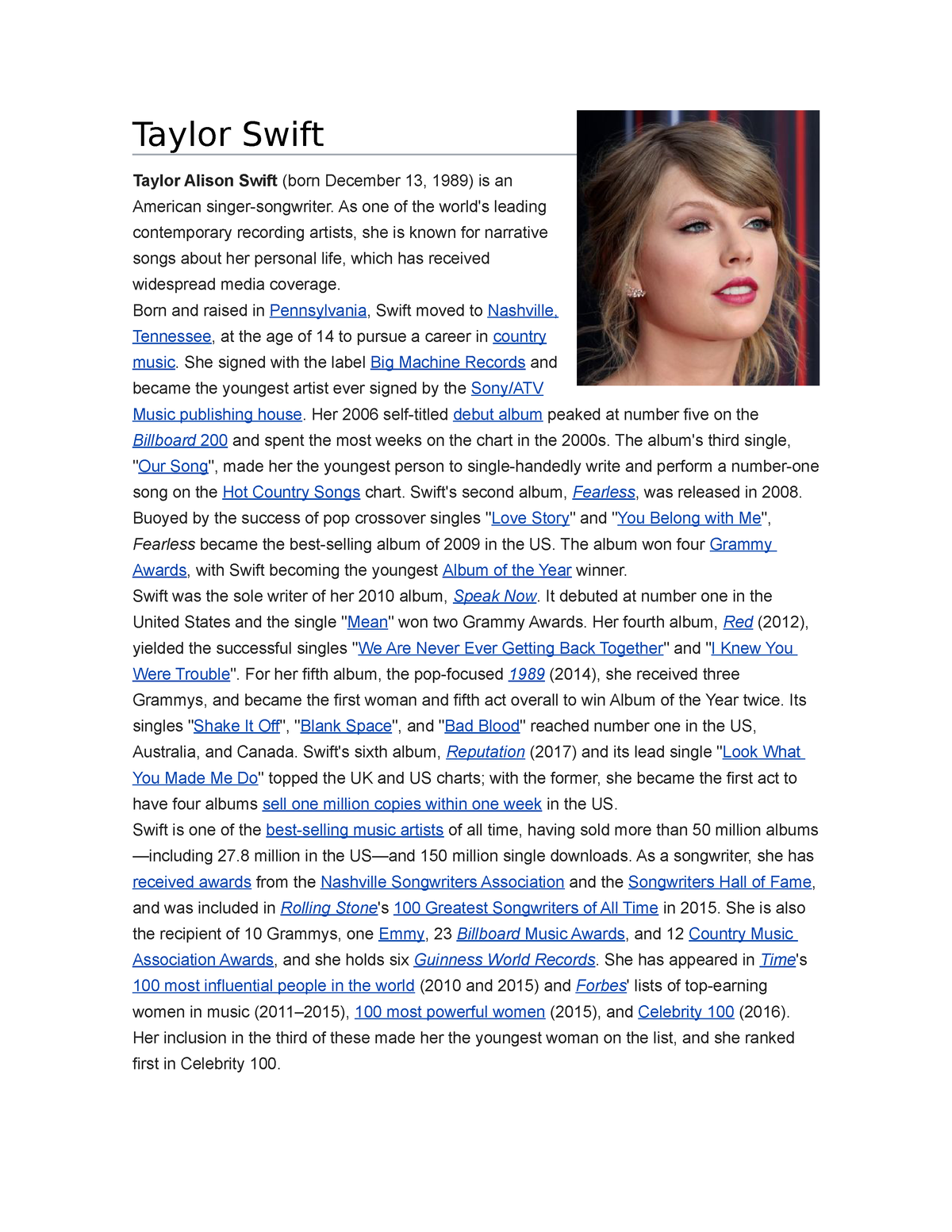 biography taylor swift in english