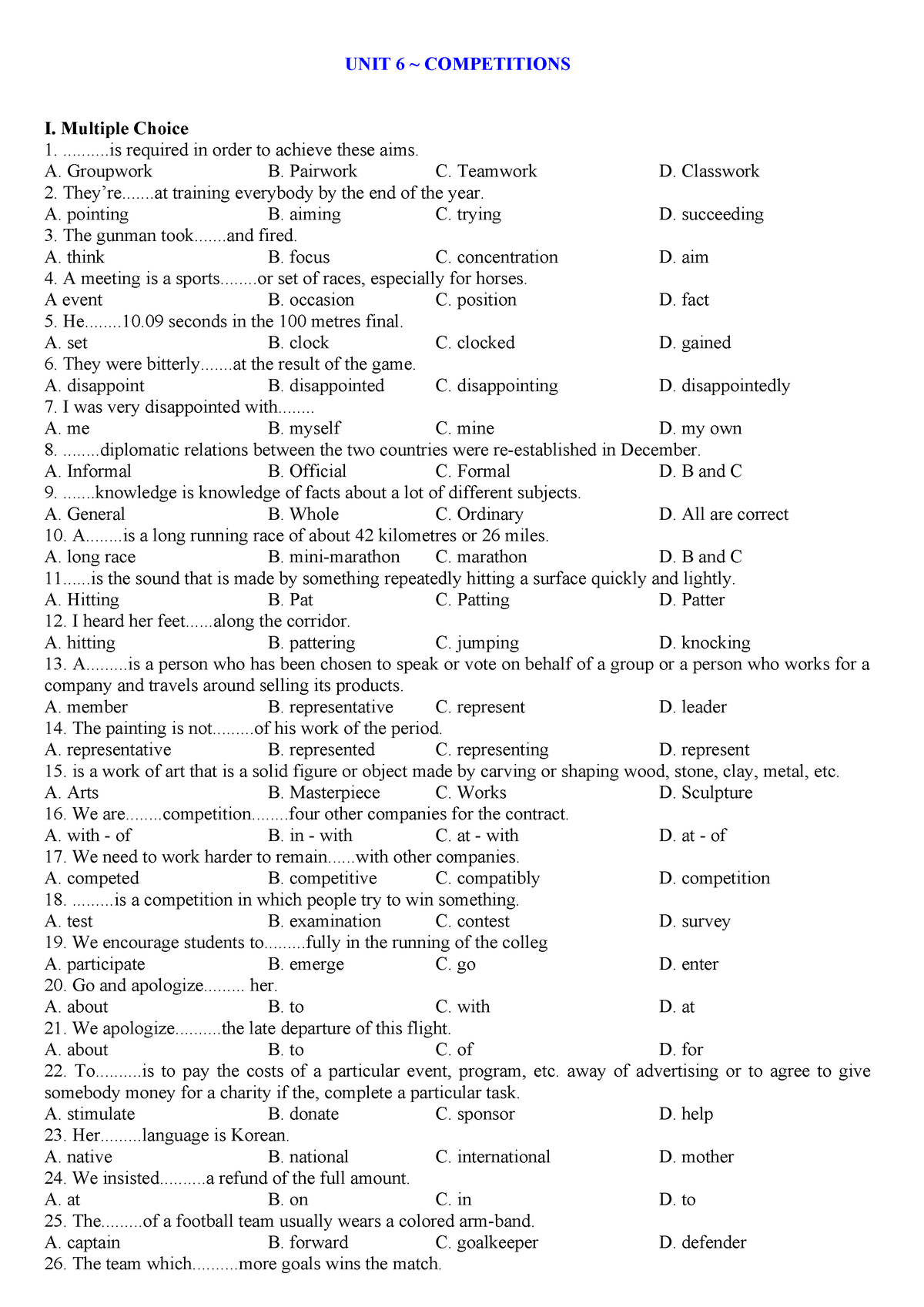 BTAV 11 UNIT 6 Competitions Test Keydf - UNIT 6 ~ COMPETITIONS I ...