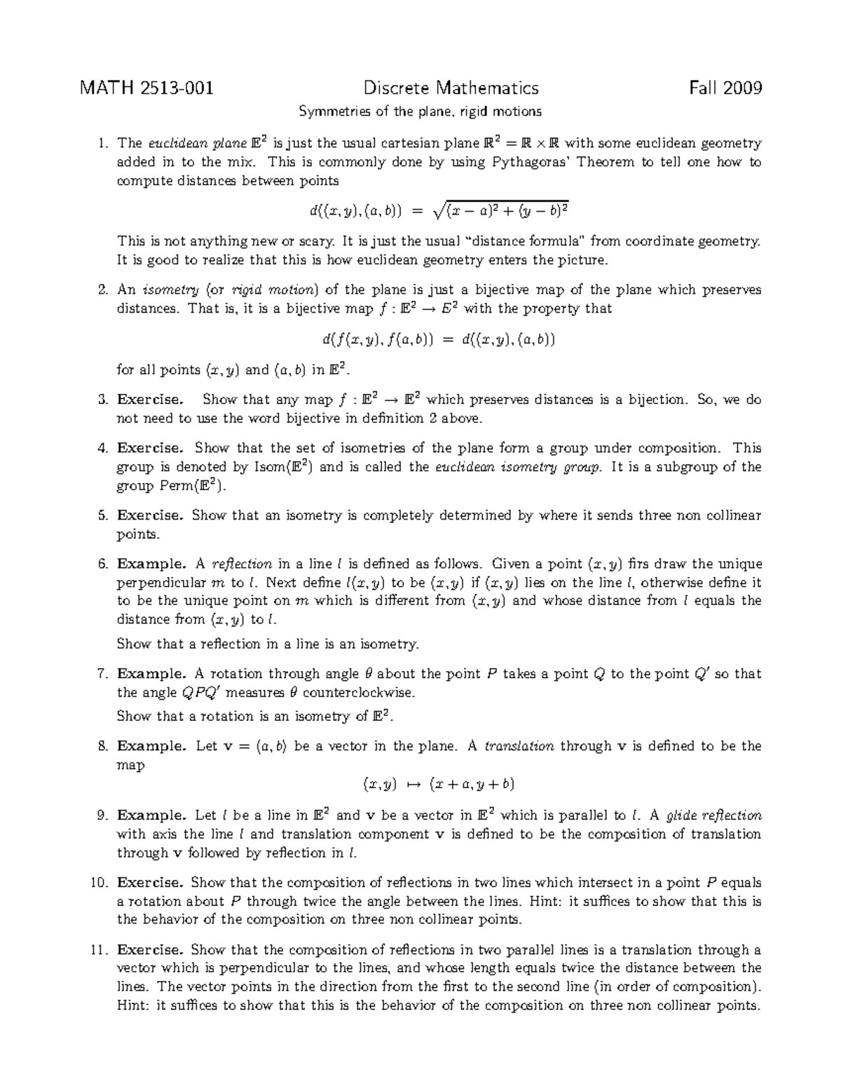 Math 2513 2009 handout symmetries of the plane, rigid motions - MATH ...