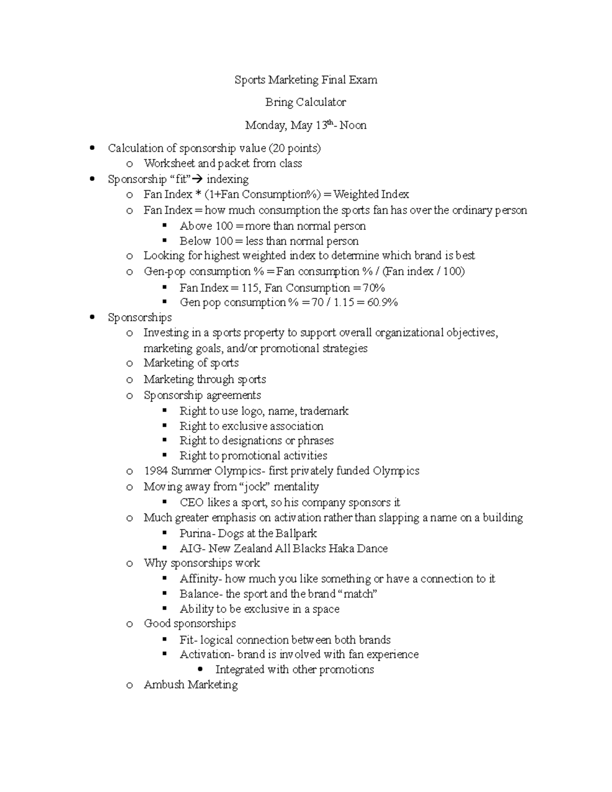 Sports Marketing Final Exam Sponsorship Value Calculation Sponsorship