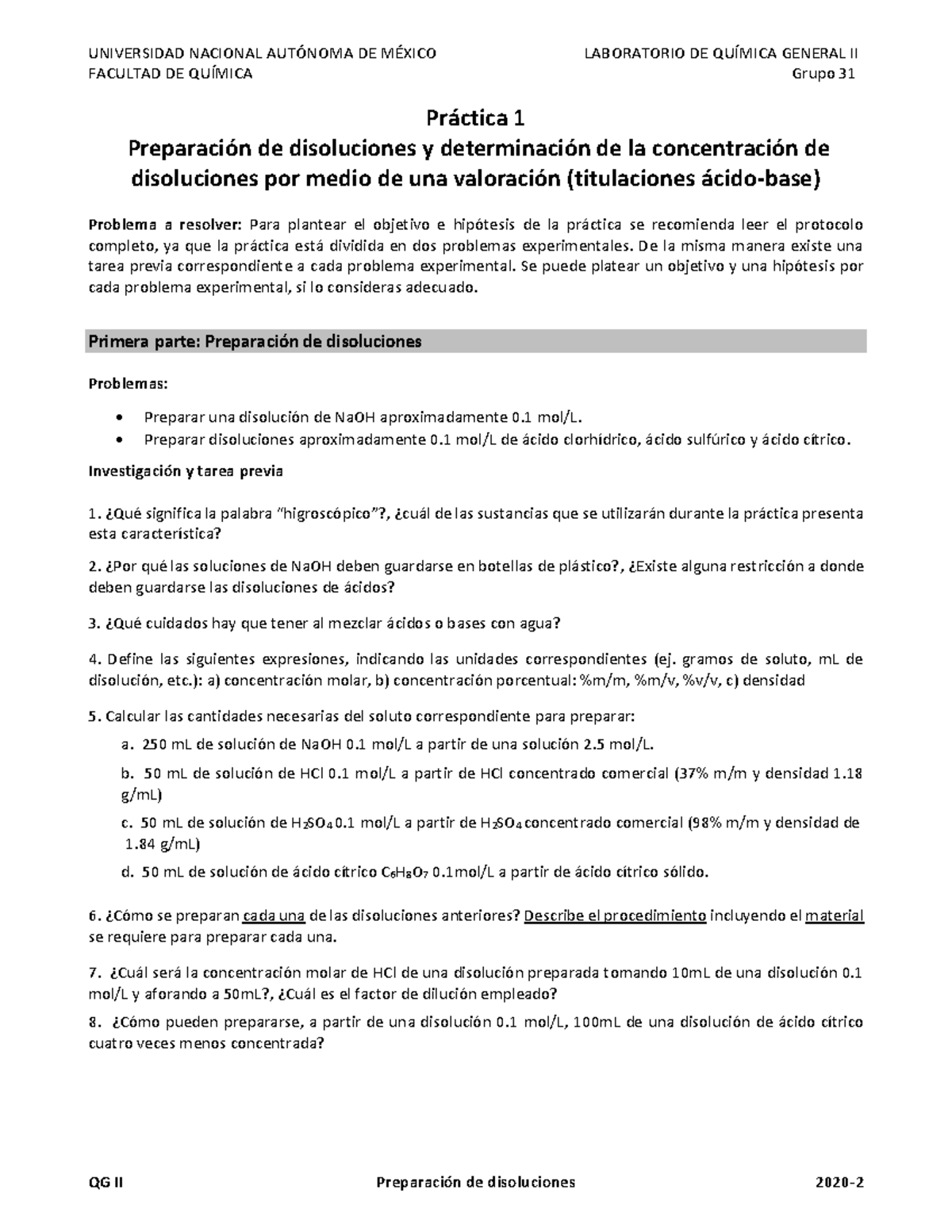 P1 Preparacion De Disoluciones Y Titulaciones Acido-base - FACULTAD DE ...