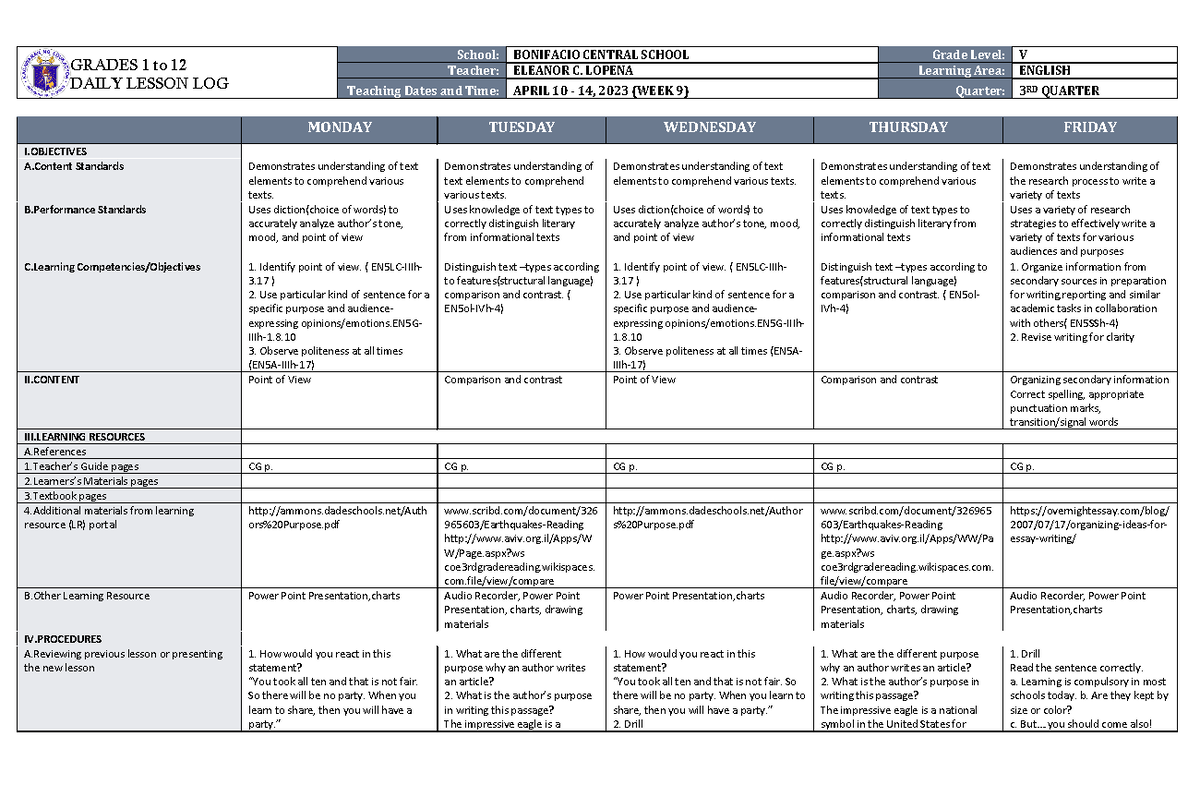 Dll English 5 Q3 W9 Daily Lesson Log Grades 1 To 12 Daily Lesson