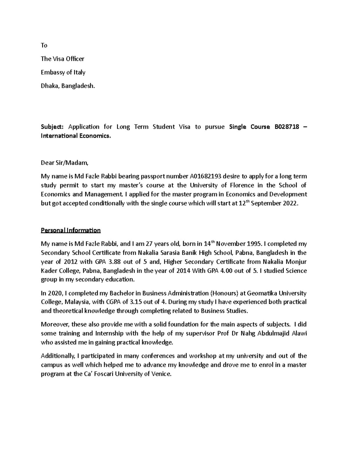 Cover letter Fazle - To The Visa Officer Embassy of Italy Dhaka ...