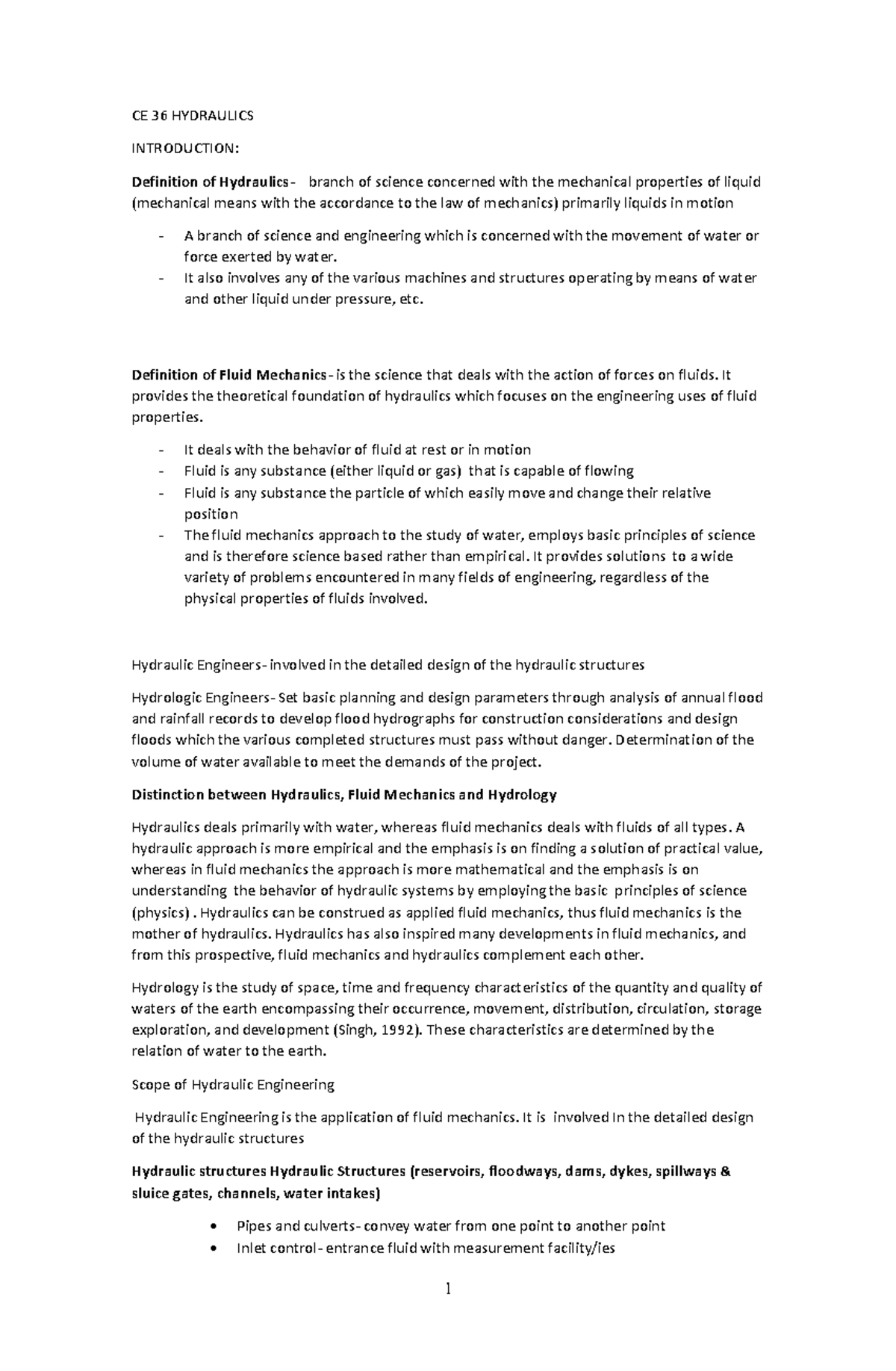 CE 36 Hydraulics notes CE 36 HYDRAULICS INTRODUCTION Definition of