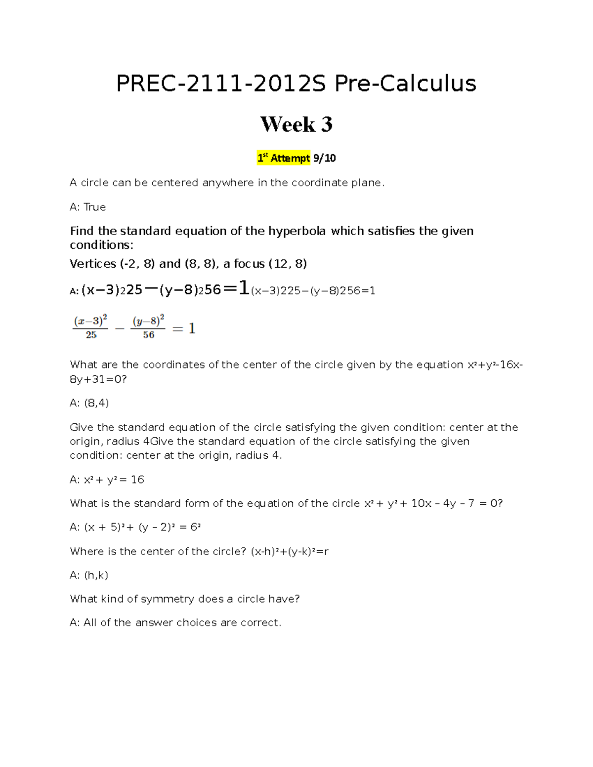 Pre calculus week 1 20 wewo summary of answer key and guidelines PREC