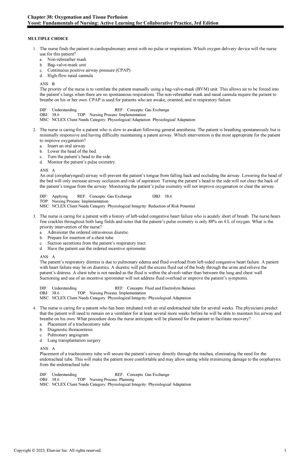 Exam View - Chapter 38 - Adaptive Quiz - Chapter 38: Oxygenation And 