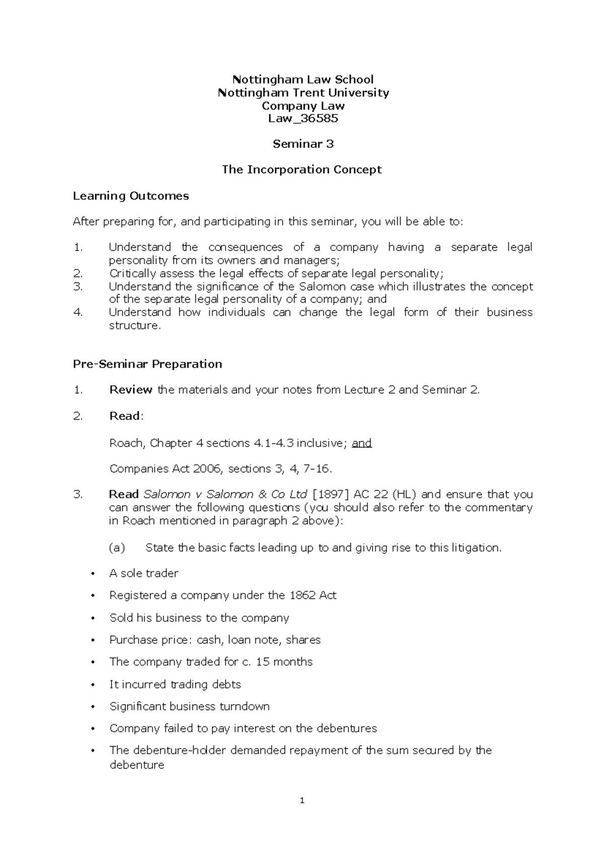 Seminar 3 Worksheet - The Incorporation Concept - Nottingham Law School ...