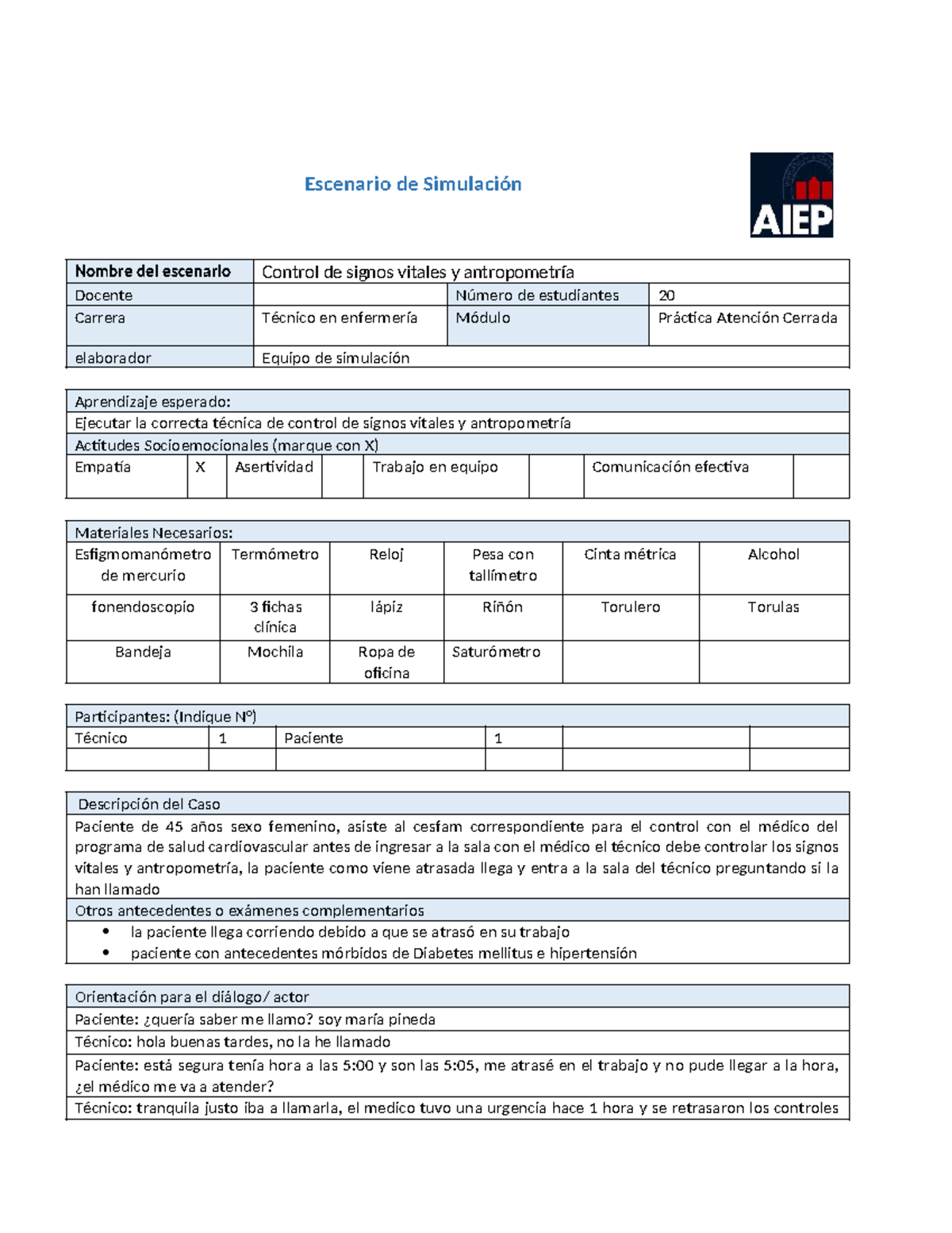 Antropometria Paciente APS - Escenario de Simulación Nombre del ...
