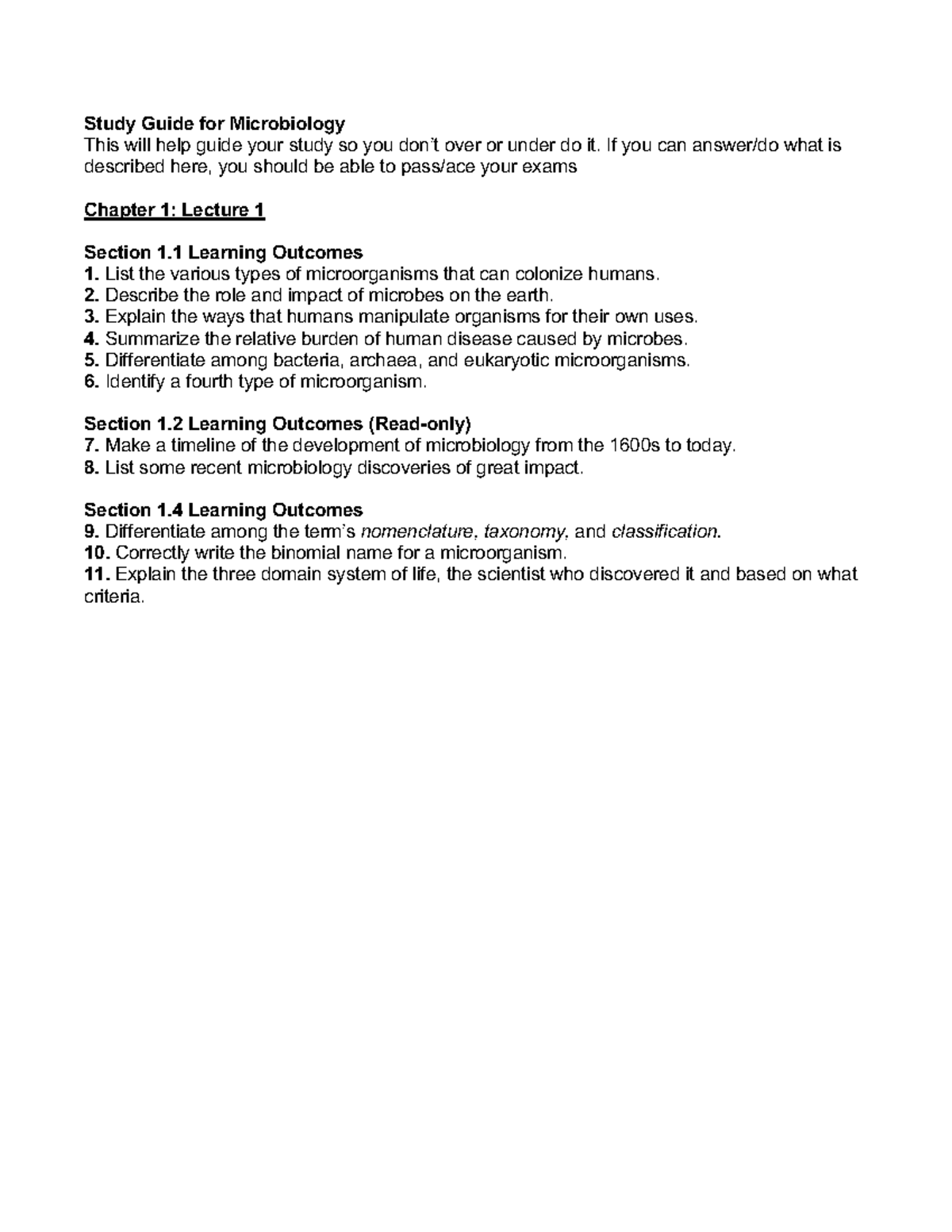 Study Guide Chapter 1 Fall 2022 Study Guide for Microbiology This