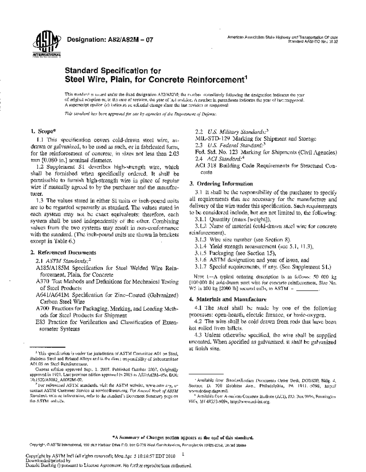 A82A82M Standard Specification for Steel Wire, Plain, for Concrete