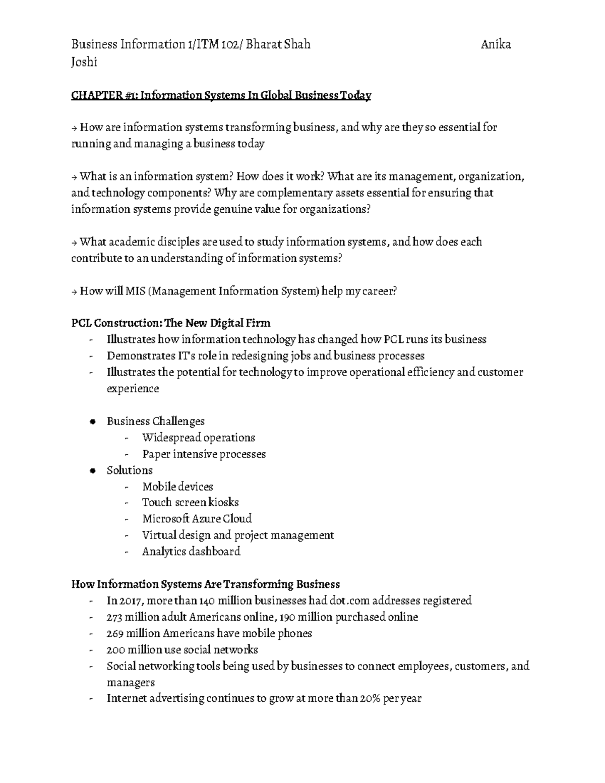 ITM 102- Chapter 1 - Joshi CHAPTER #1: Information Systems In Global ...