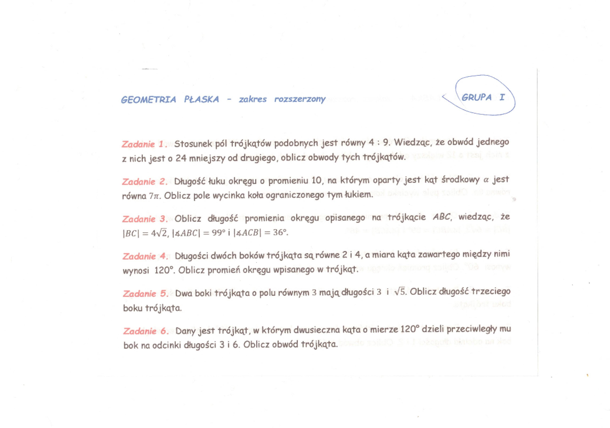 Geometria płaska Sprawdzian I - Matematyka - Zakres rozszerzony - Studocu