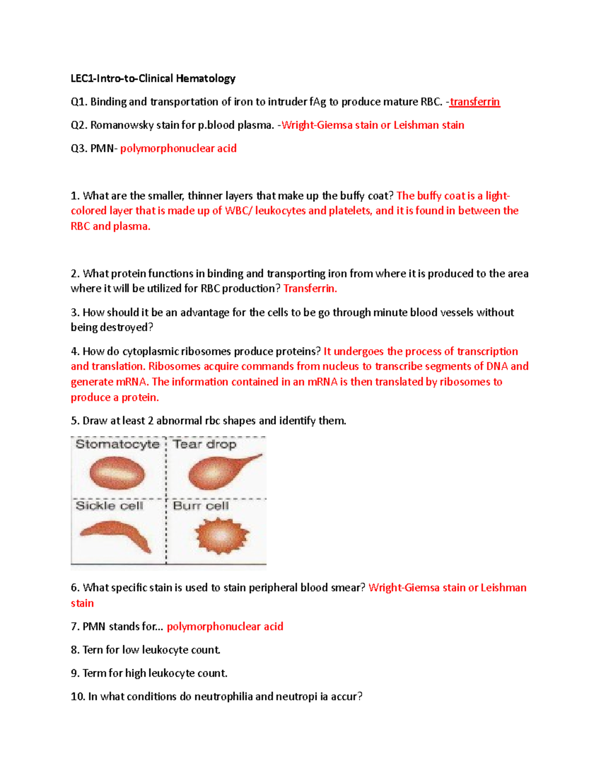 Hema Assignment - Hematology 1 - LEC1-Intro-to-Clinical Hematology Q1 ...