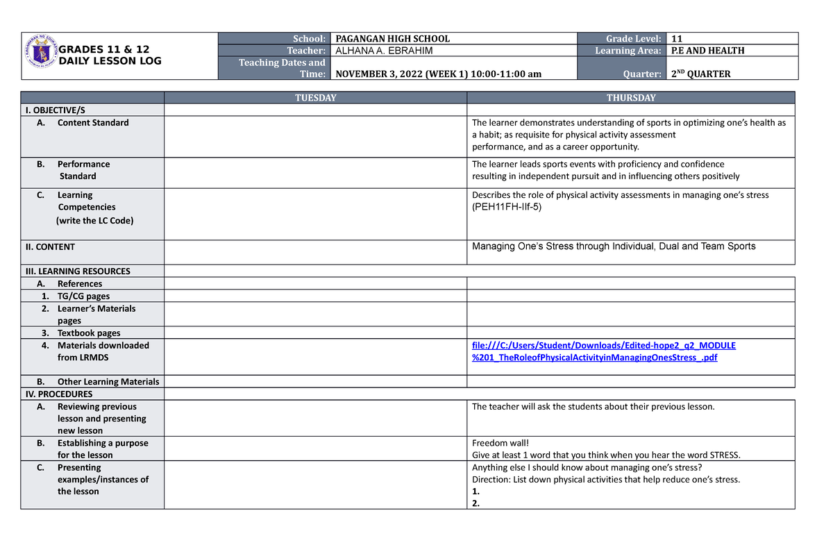 SHS DLL - GRADES 11 & 12 DAILY LESSON LOG School: PAGANGAN HIGH SCHOOL ...