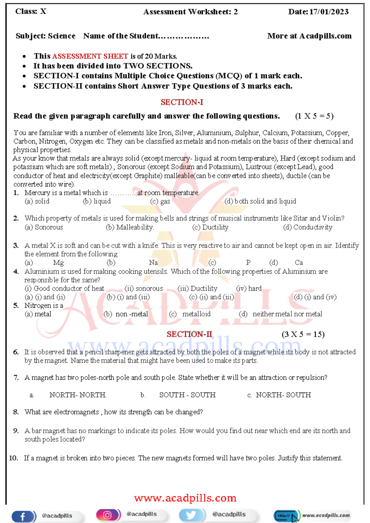 Science Assessment Worksheet 2 Class X Assessment Worksheet 2 Date 17 0 1 202 3 Subject 1867