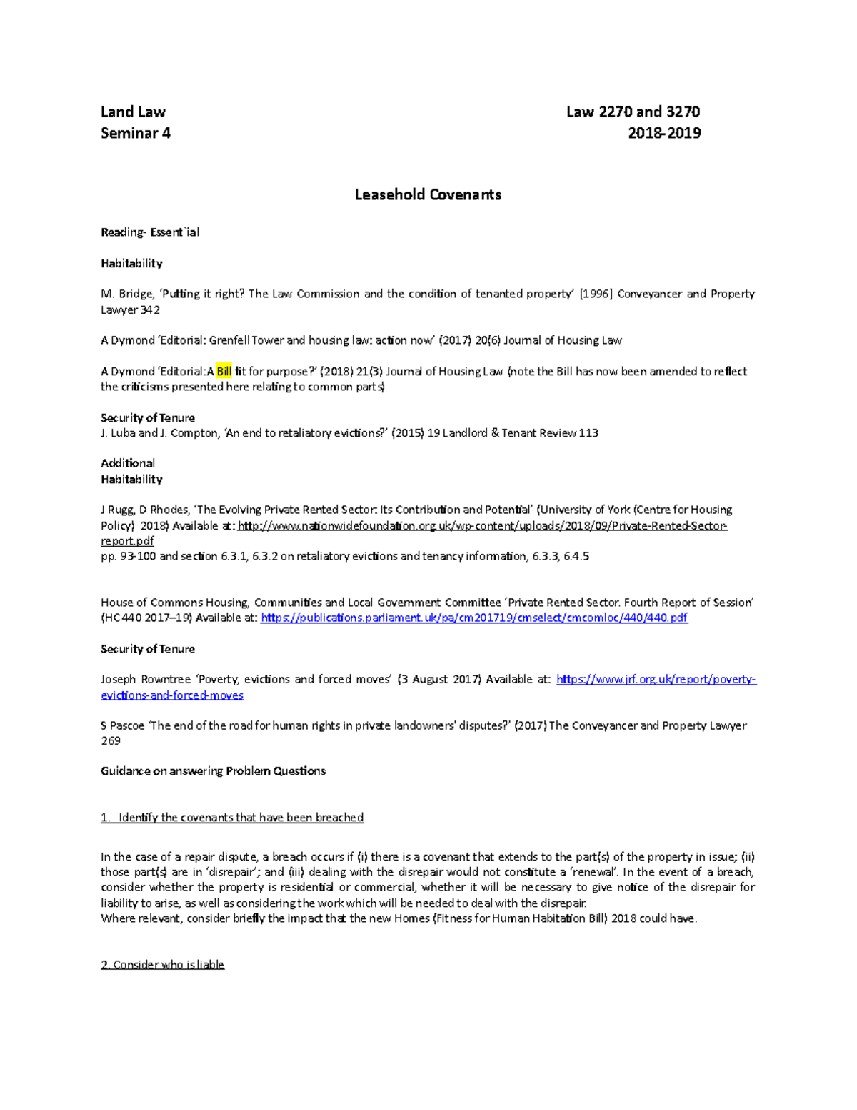Seminar 4 - Leasehold Covenants - Land Law Law 2270 and 3270 Seminar 4 ...