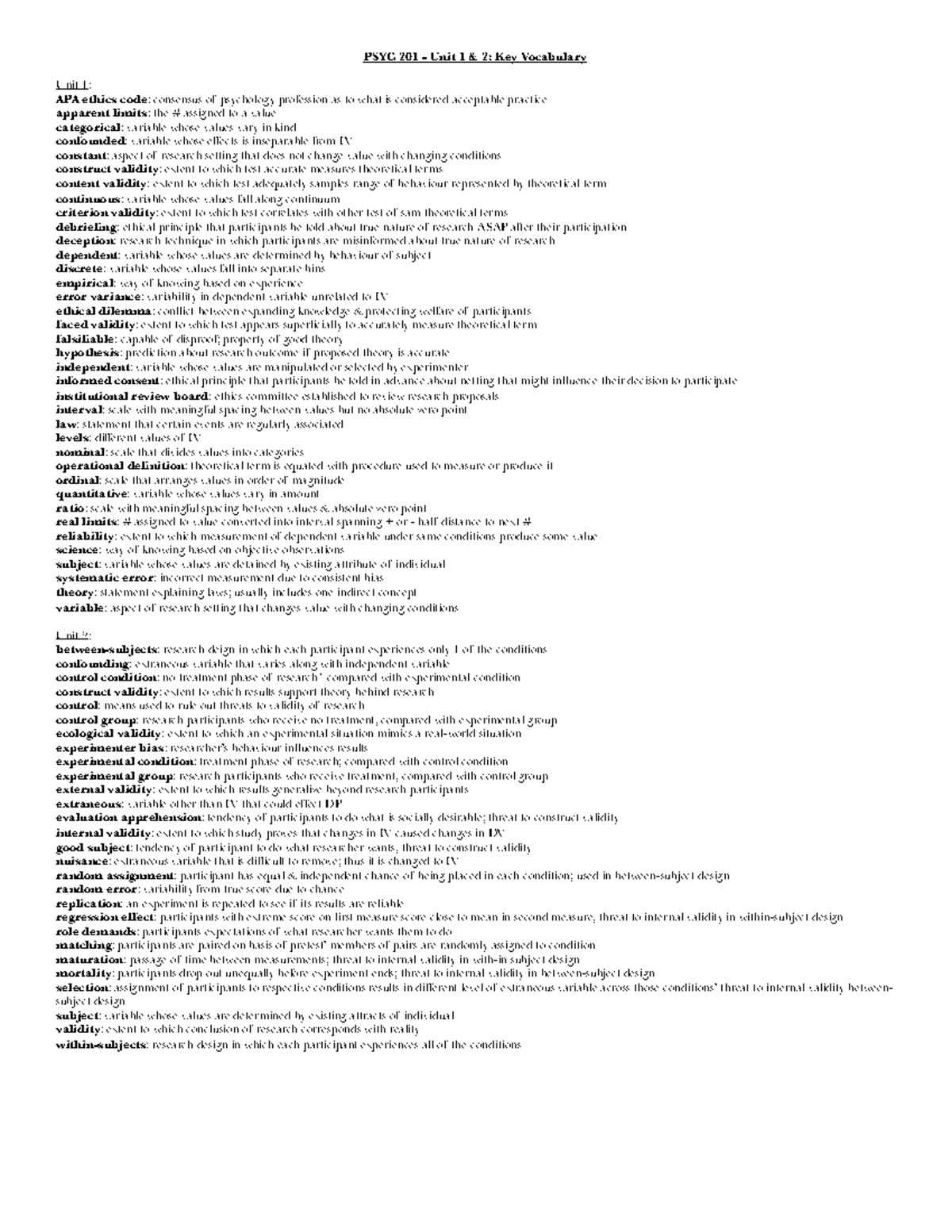 PSYC 201 Terms - Unit 1 & 2 - PSYC 201 Unit 1 2: Key Vocabulary Unit 1 ...