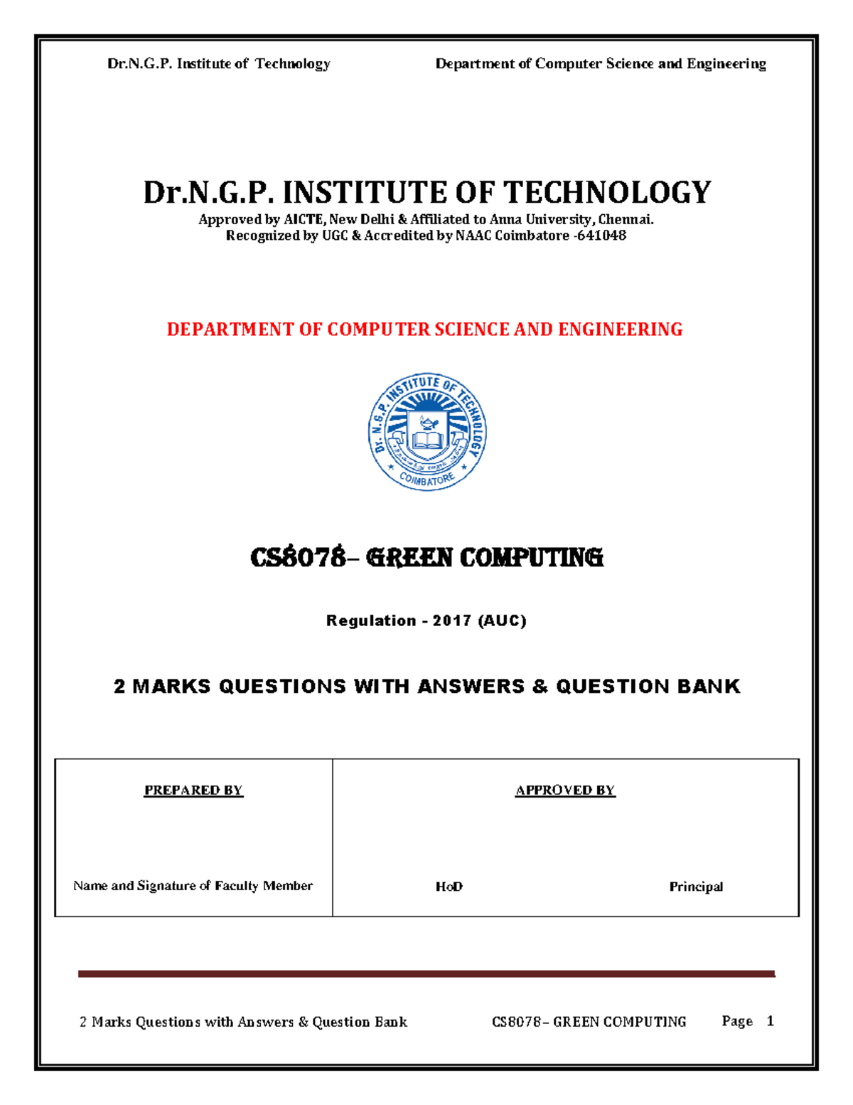 2 Marks and 16 Marks green computing - Page 1 Dr.N.G. Institute of ...