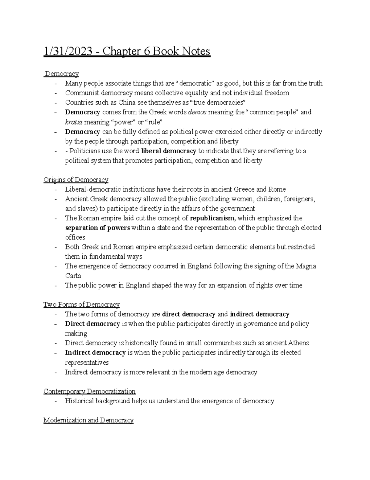Poli Sci 6 - Notes 5 - 1/31/2023 - Chapter 6 Book Notes Democracy ...