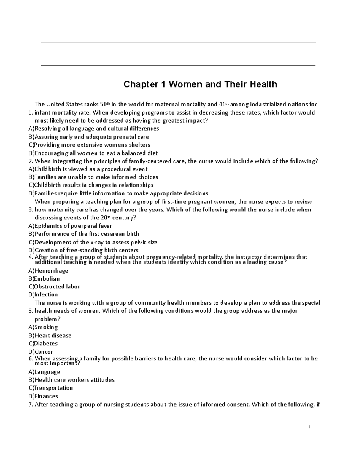 Women's Health Test Bank 1 - Chapter 1 Women And Their Health The ...