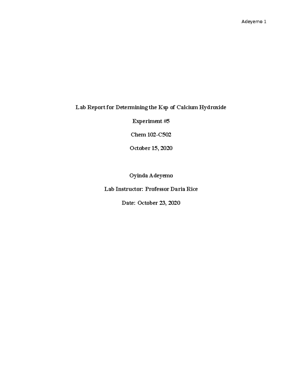 Ksp of Calcium Hydroxide Lab Report for Determining the Ksp of