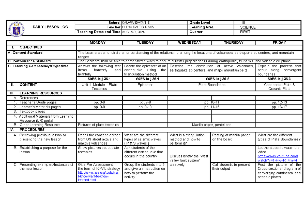 1ST Quarter (1)-converted - DAILY LESSON LOG School CALAPANDAYAN IS ...