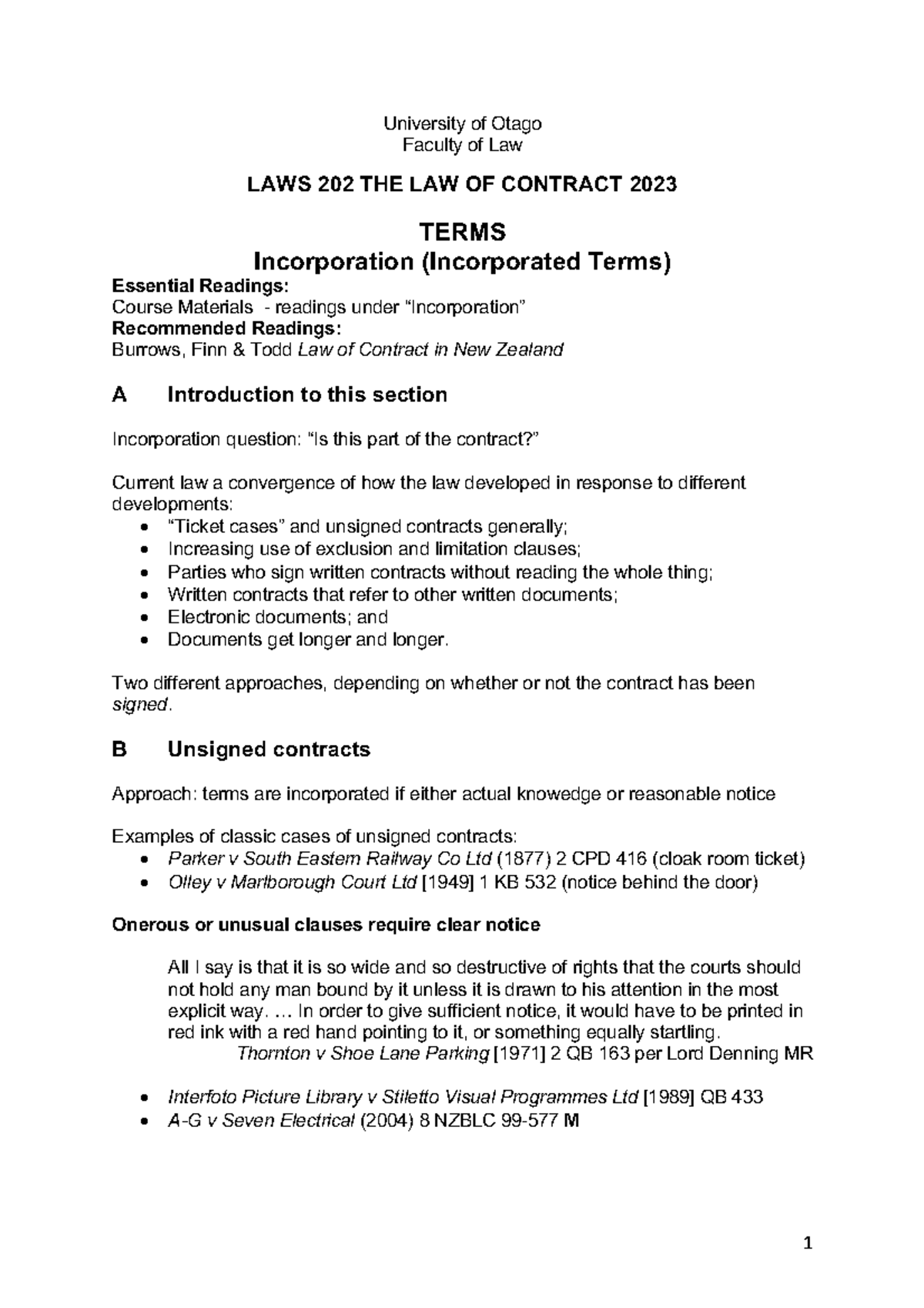 Terms Incorporation Handout 2023 1 University of Otago Faculty of Law LAWS 202 THE LAW OF Terms Incorporation Handout 2023 1 University of Otago Faculty of Law LAWS 202 THE LAW OF