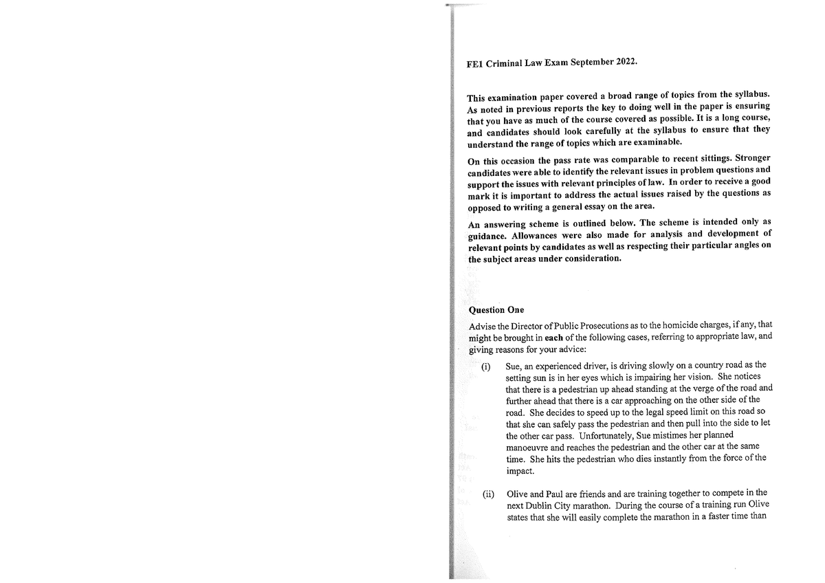 October 2022 Fe1 Criminal Law Examiners Report Fe1 Criminal Law Exam