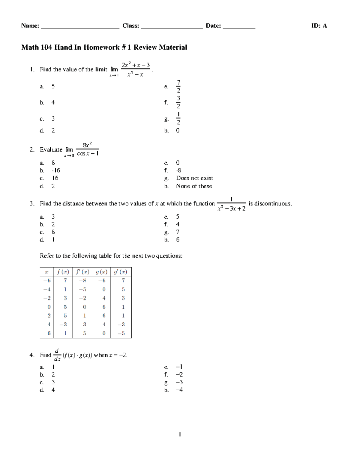 Seminar Assignments Math 104 Hand In Homework 1 Review Material With Answer Studocu