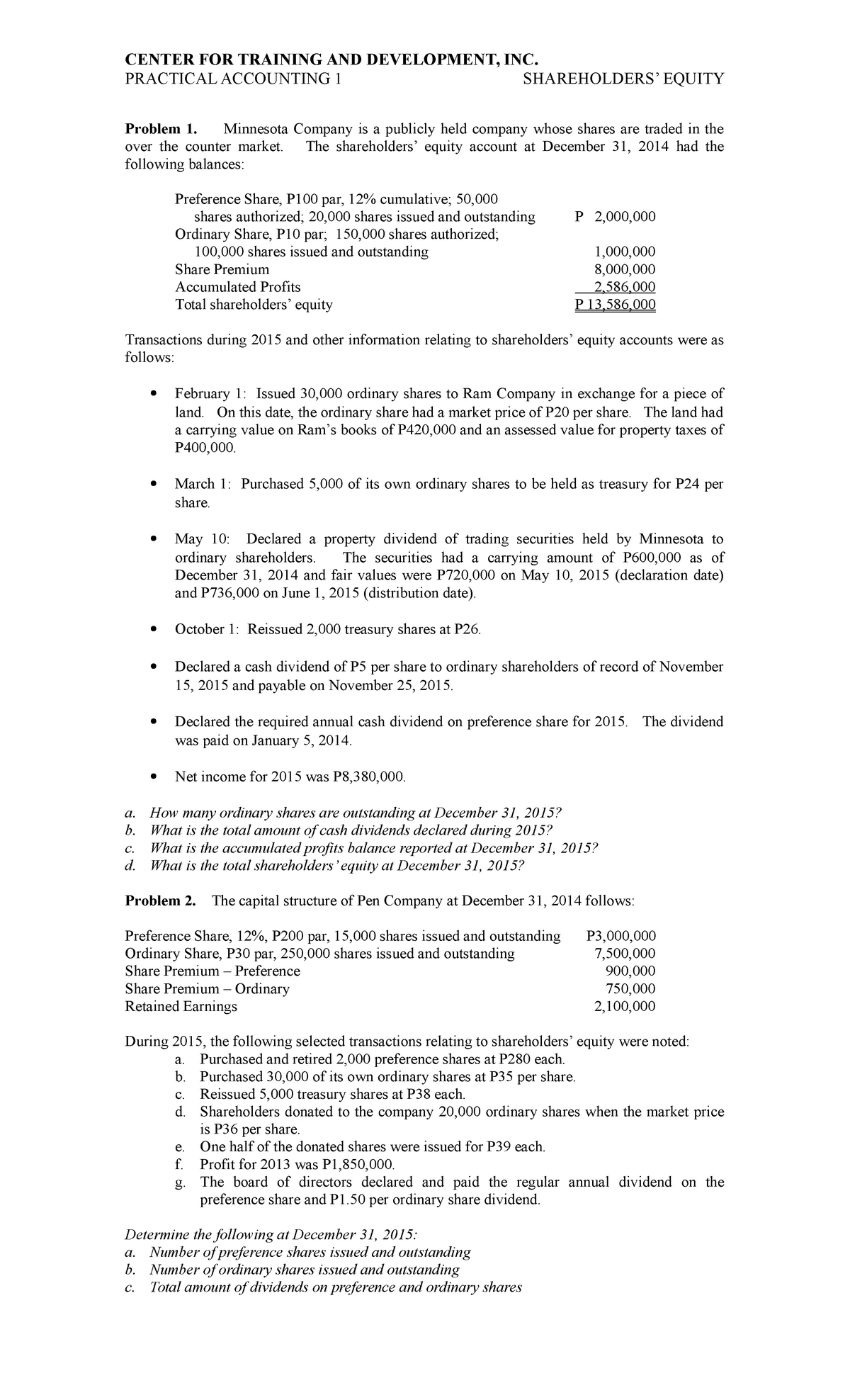 Practical Exam In Shareholders Equity (Finals Period) - PRACTICAL ...