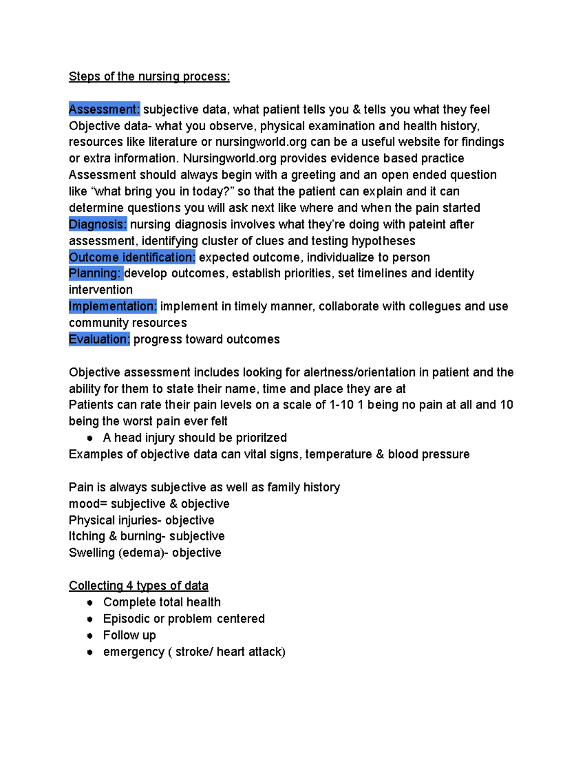 NUR Lecture Notes- Health Assessment - Steps of the nursing process ...