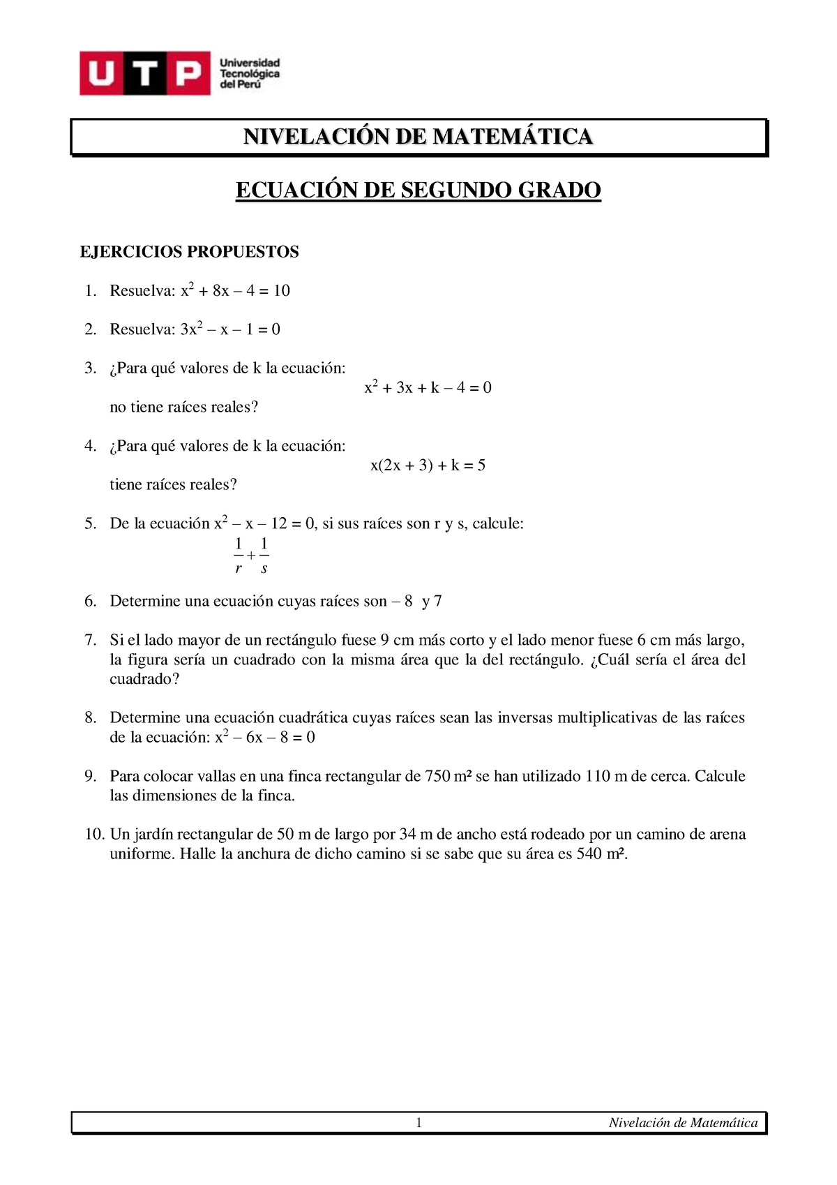 S14.s1 - Resolver Ejercicios - 1 Nivelación De Matemática NIVELACIÓN DE ...