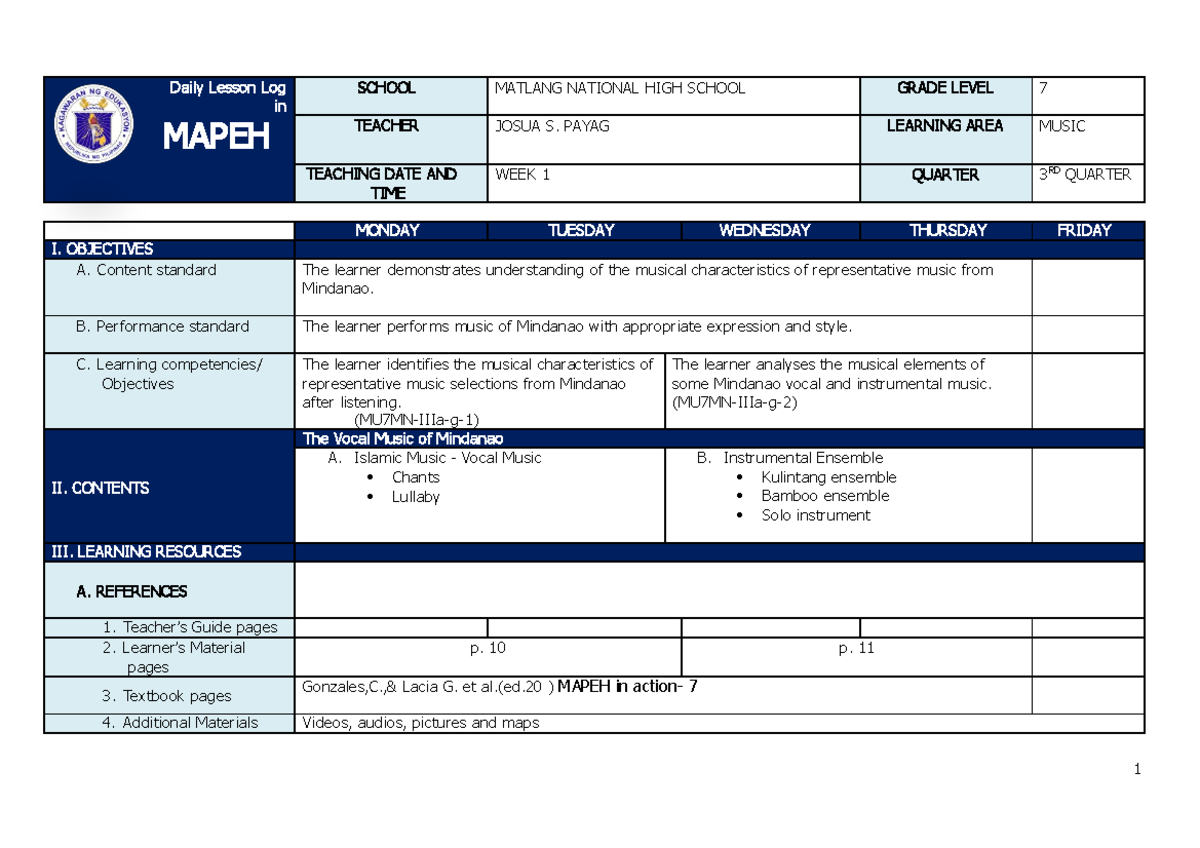 DLL Mapeh 7 3rd quarter - Daily Lesson Log in MAPEH SCHOOL MATLANG ...